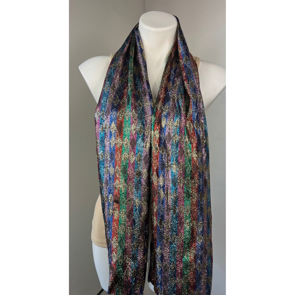 Vintage Scarf Women Multicolor Metallic Harlequin Diamond Long Shawl